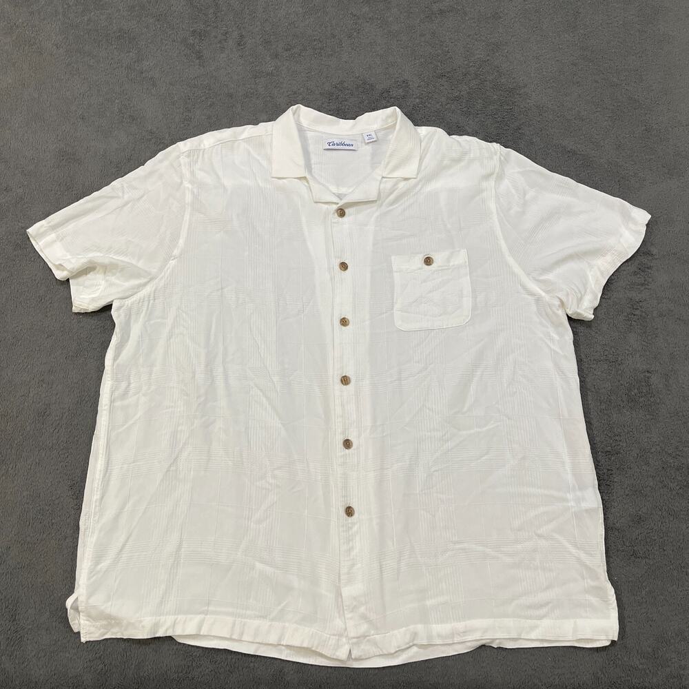 Caribbean White Button-Down Cuban Collared Casual Short Sleeve Shirt Men Sz XXL